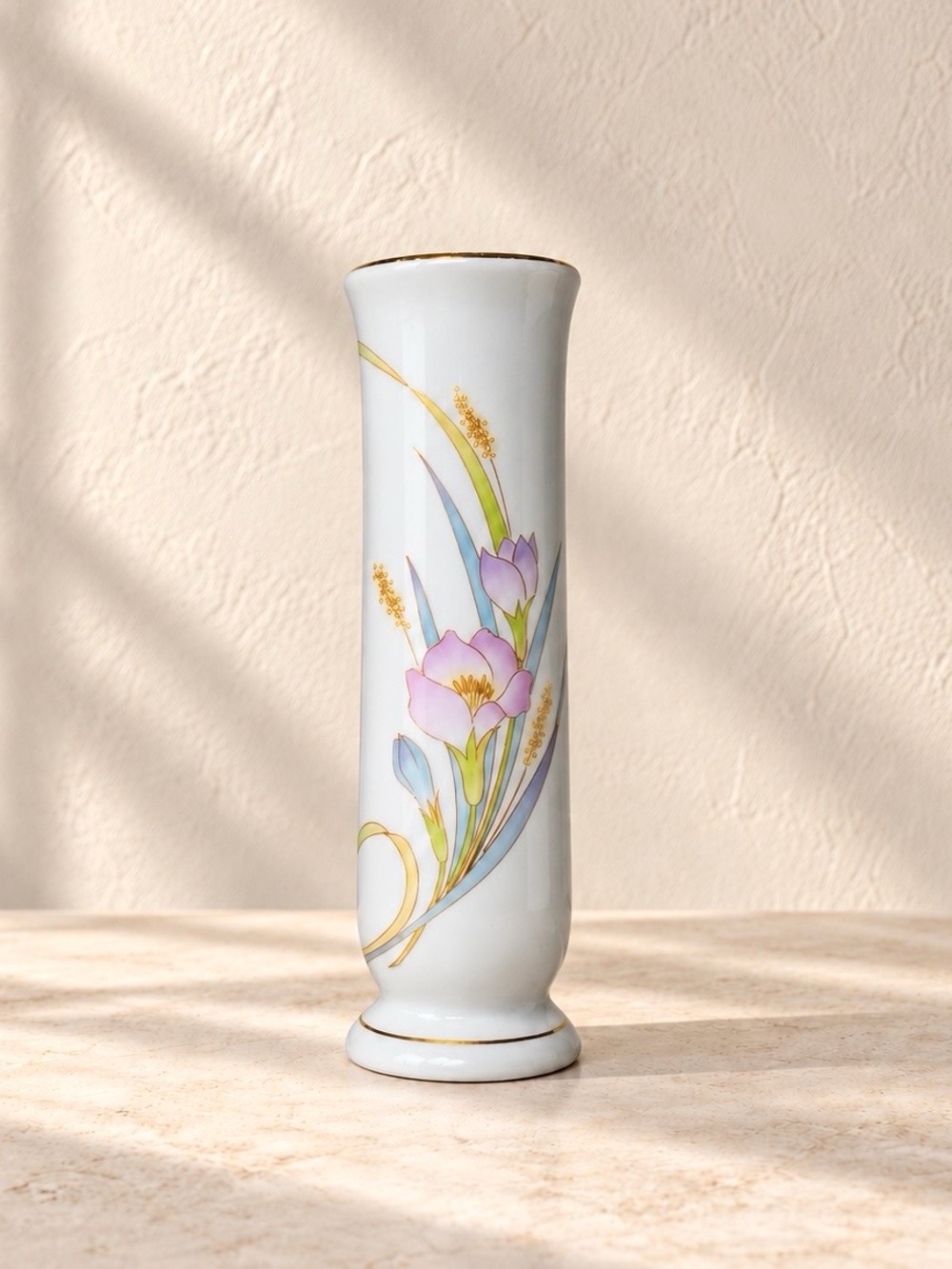 Vintage Made in Japan Porcelain Bud Vase Pastel Floral Gold Trim